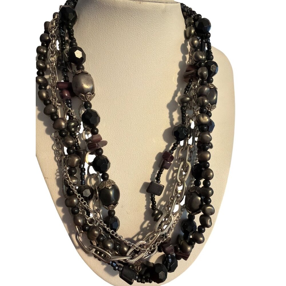 Multi Strand Black Silver Tone Beaded Necklace Chains Beads Faux Pearls Adj 19"